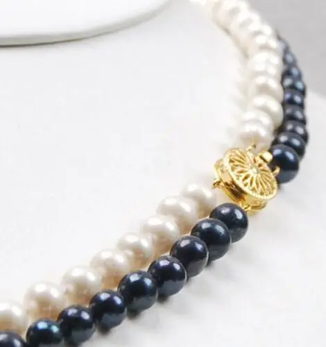 

2Rows 7-8mm Natural Black /White Akoya Cultured Pearl GP Clasp Necklace