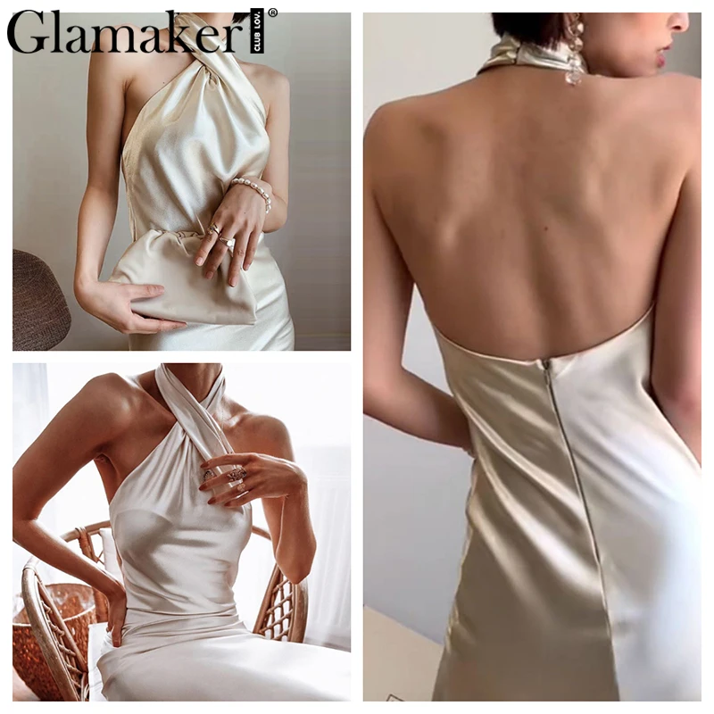 Glamaker, сатиновое, золотое, с открытой спиной, сексуальное, облегающее, длинное платье, женское, летнее, на шнуровке, белое, для вечеринки, элегантное, женское, макси, для клуба, Пляжное Платье