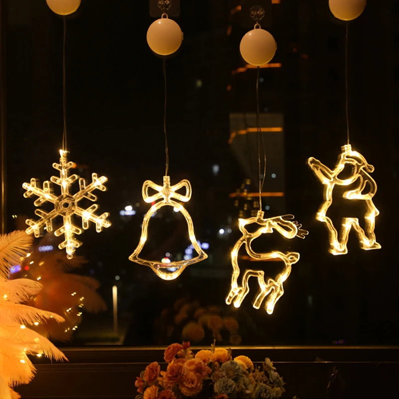 

Christmas Bell Snowman Star Lights Holiday Window Decor LED Sucker Lights Battery Power Christmas Garland For Home Decor Bell