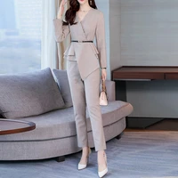 elegant women blazer suit spring autumn office ladies pant suits v neck belted blazer suit pants 2021 work wear female sets