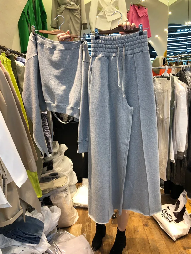 picture color Limiguyue свободный женский спортивный костюм широкие ноги брюки Топы с открытой спиной комплект из 2 предметов брюки костюм брюки набор эластичная талия дикая Толстовка Y294 - Цвет: picture color