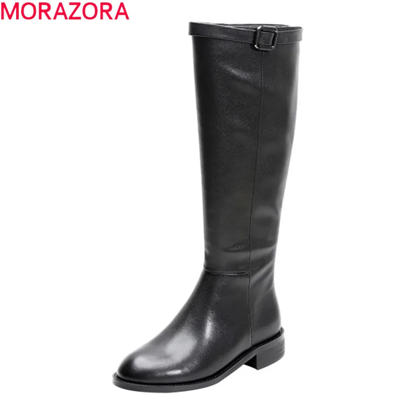 Женские сапоги с круглым носком MORAZORA черные до колена из натуральной кожи на