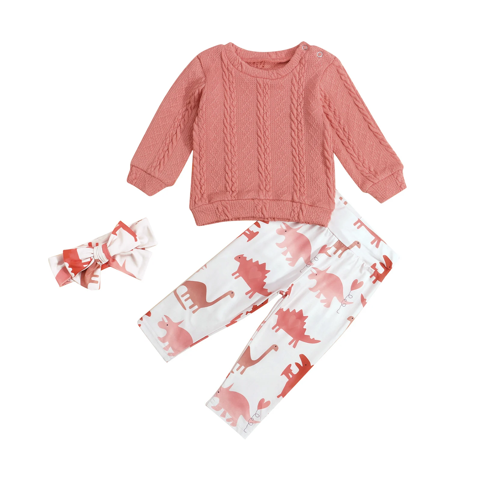 

3Pc Kids Autumn Cotton Tracksuit Round-Neck Long Sleeve Knit Sweater Dinosaur Print Pants Hairband for Baby Girls Pink