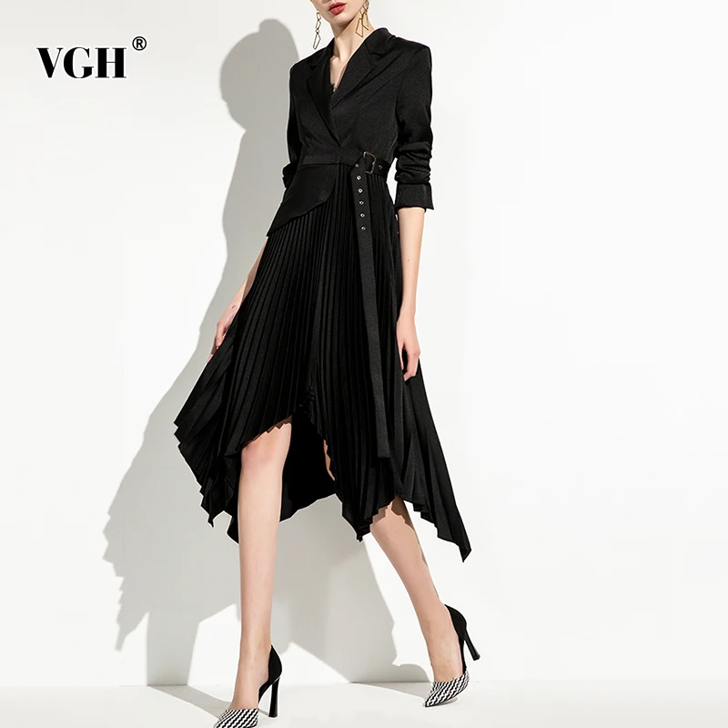 

VGH Black Asymmetrical Lace Up Pleated Long Dress Female Notched Long Sleeve High Waist Casual Dresses For Women 2021 Spring New
