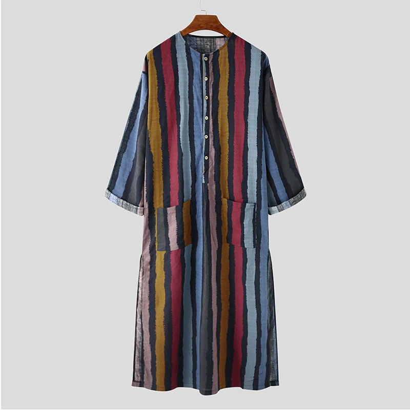 MD Muslim Fashion Mens Shirt Striped Print Robes Homewear Jubba Thobe Abaya Dubai Arabic Caftan Pakistan Vetement Homme Djellaba