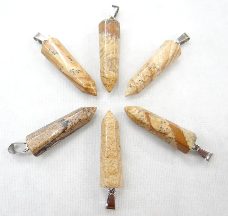 

24PCS Natural stone picture jaspers Turquoises crystal agates aventurine Hexagonal Column Pendulum Pendant DIY Jewelry making