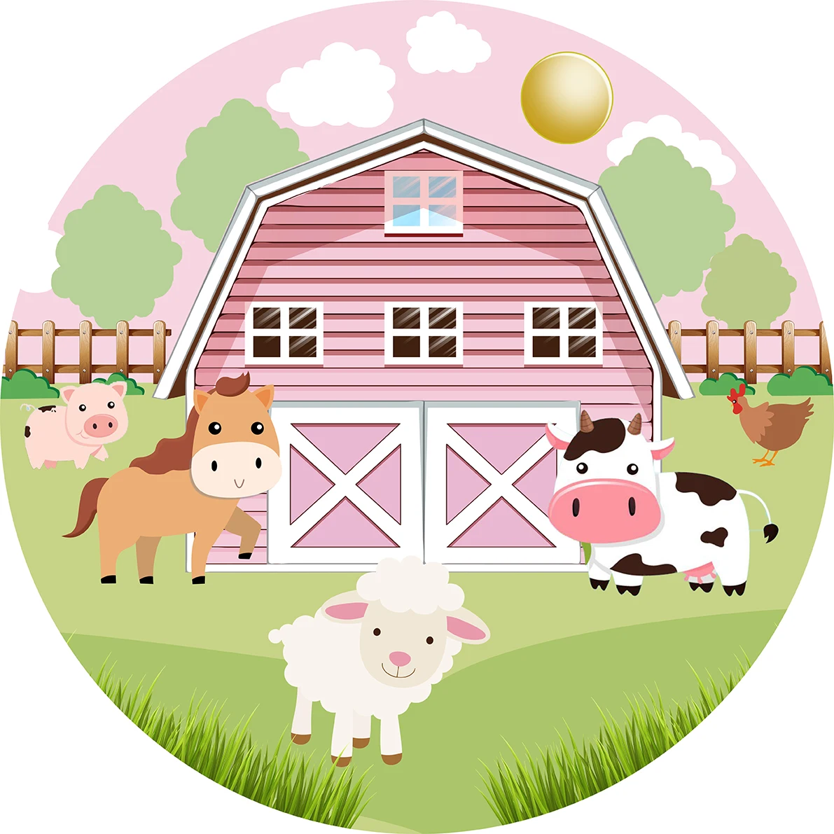 

Farm Animal Baby Shower Pink Red House Photo Background Birthday Party Decorations Round Photography Backdrops Covers