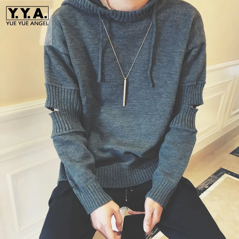 

Harajuku Mens Hoody Sweater Pollover Hole Long Sleeve Knitted Tops Loose Fit Autumn Fashion Male Casual Knitwear Sweaters Top
