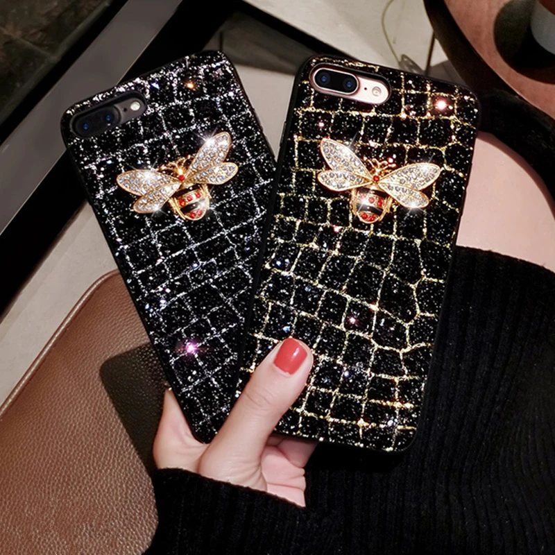 

Luxury Bling Rhinestones 3D Diamond Geometric Texture Metal Bee Phone Case for IPhone 11 12 Pro Xs Max XR X 8 6 7 Plus Coque