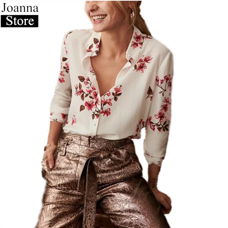 Spring New 100%Silk Printing Shirt Women Single-Breasted Lapel Mulberry Silk Flowers blouse Long Sleeve White Plus Size Clothes