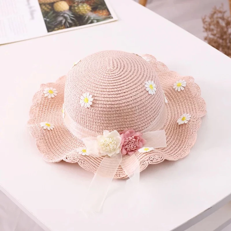 

Kids Girls Large Wide Brim Straw Woven Sun Protection Beach Hat Colorful Pompom Ball Summer Floppy Bucket Cap Portable Handbag