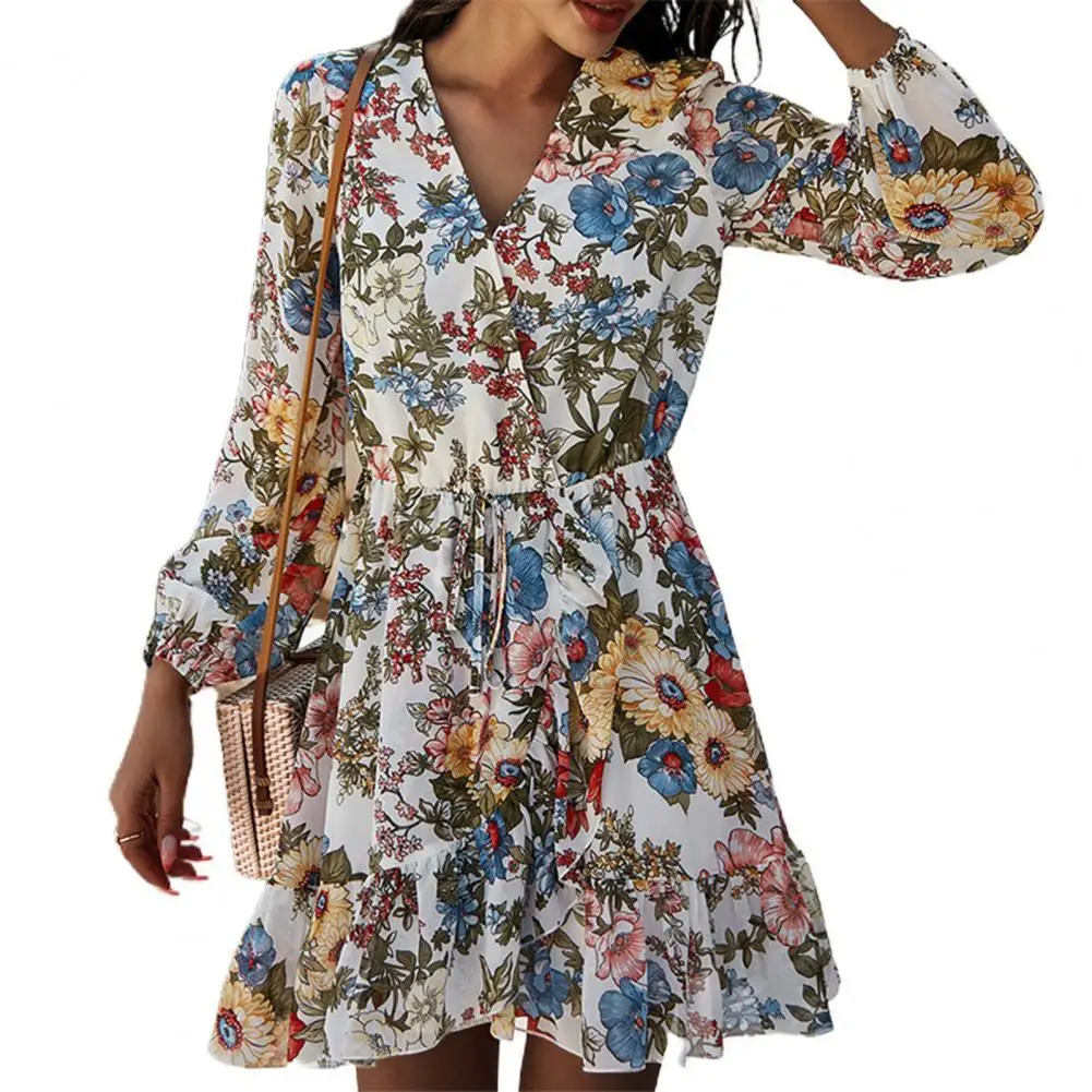 

Fashion Women Dress Sexy V Neck Long Puff Sleeve Floral Print Spring Waist Tight Mini Dress robe femme платья для женщин 2021