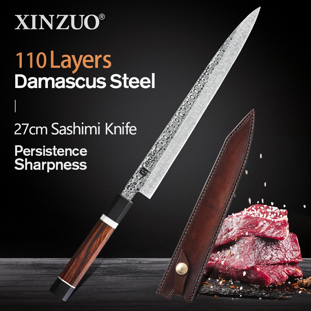 

Нож сашими XINZUO из дамасской стали, 270 мм, с кожаным чехлом, 110 слоев