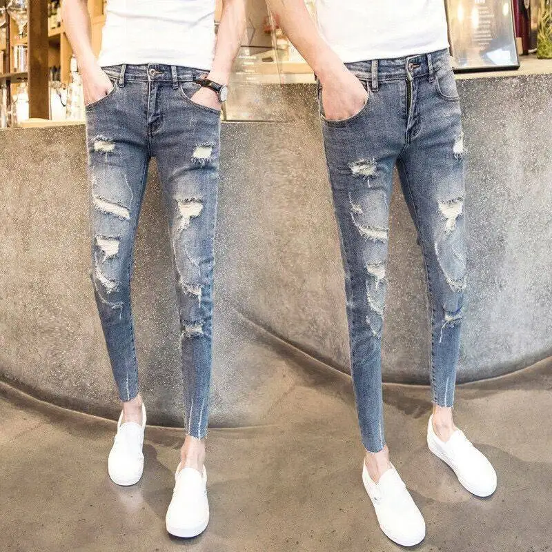 

Summer jeans men's holed Capris Korean trendy Leggings men's slim and versatile beggars pants Society