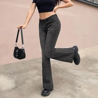 weiyao gray goth e girl new jeans women low waist flare pants dark academia aesthetic vintage 90s streetwear denim trousers