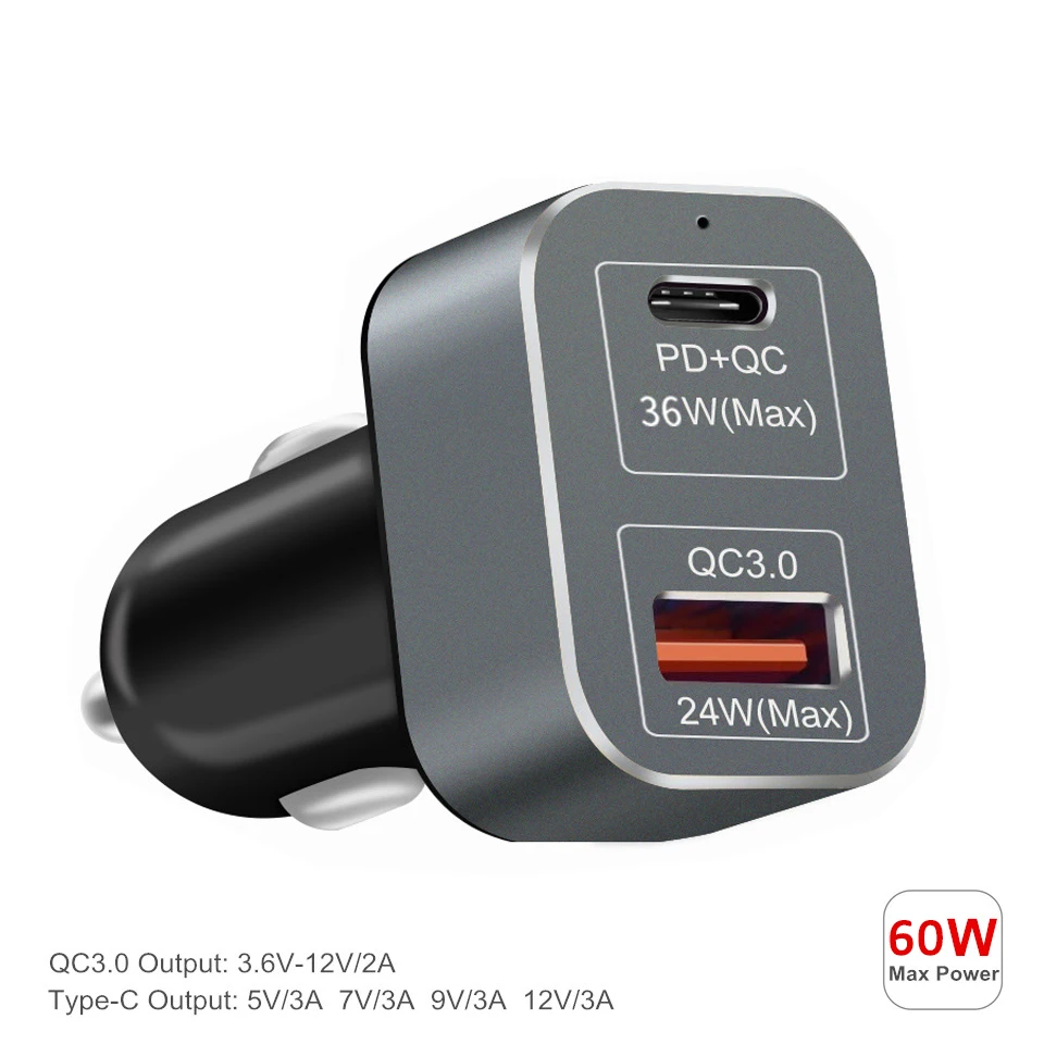 USB-C зарядное устройство 60 Вт PD + QC3.0 быстрое автомобильное для iPhone 12 Pro Max 11 XS MAX 8 Macbook