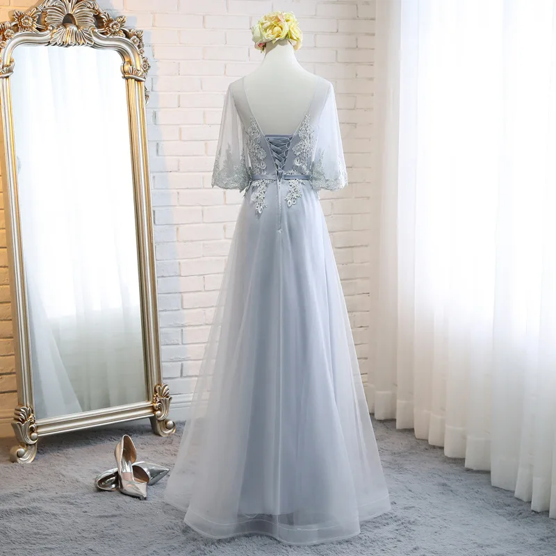 

Silver Gray Bridesmaid Dresses Appliques Embroidery A-Line Vestido De Festa O-Neck Half Sleeve Women Wedding Party Gowns R022