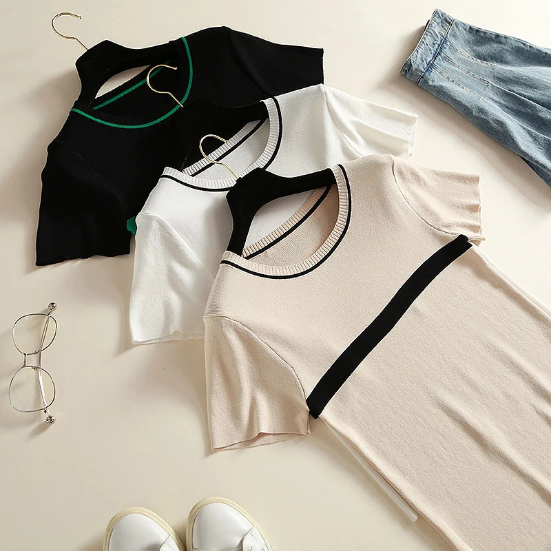 

Knitted T Shirt Women Clothes 2021 Summer Woman Short Sleeve Tees Tops Striped Casual T-Shirt Female Tshirt Femme