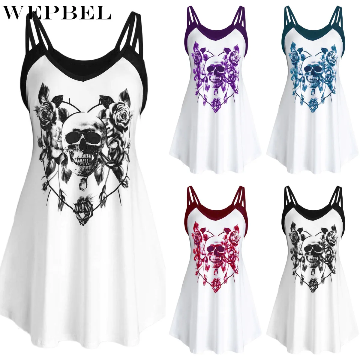 

WEPBEL Dress Women's Sexy Skull Print Loose Mini Dress Summer Casual V-neck Backless Spaghetti Strap High Waist Dress