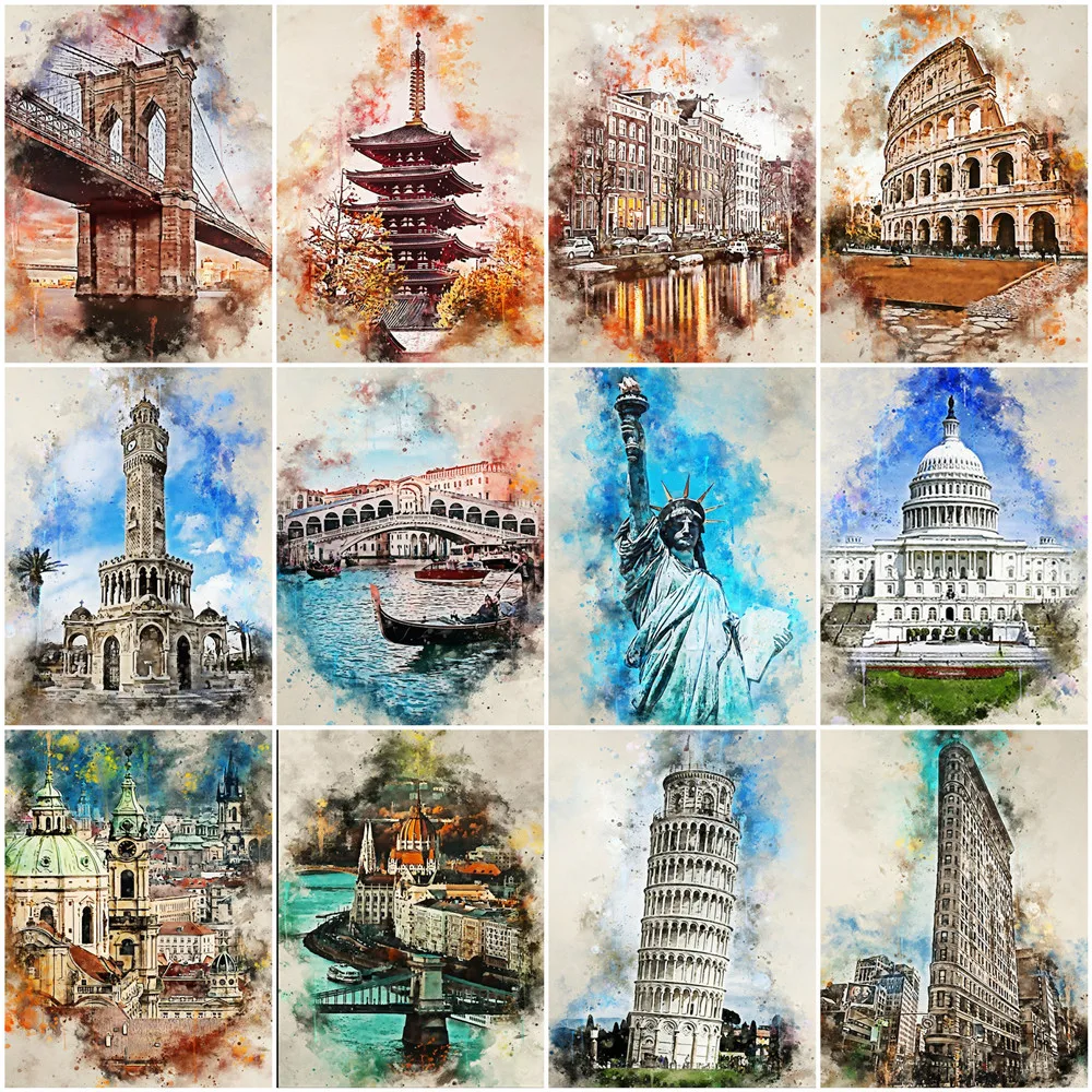 

HUACAN 5D Diamond Painting Building Mosaic Rhinestone Cross Stitch Full Square DIY Diamond Embroidery City Home Decoration