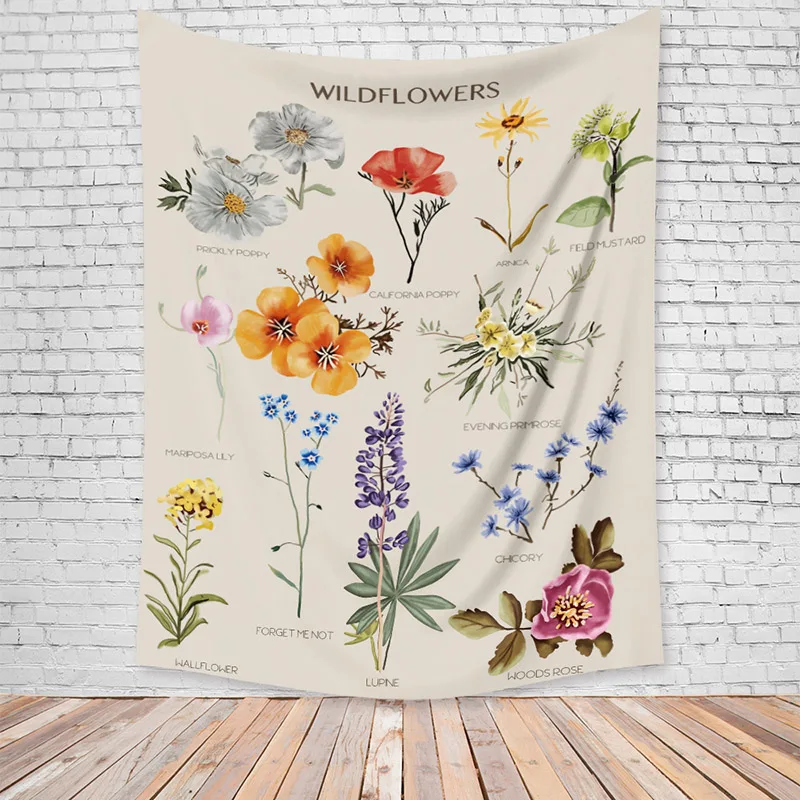 

Wildflower Tapestry 150*200cm Wall Hanging Flower Reference Chart Hippie Bohemian Tapestries Colorful Psychedelic INS Home Decor