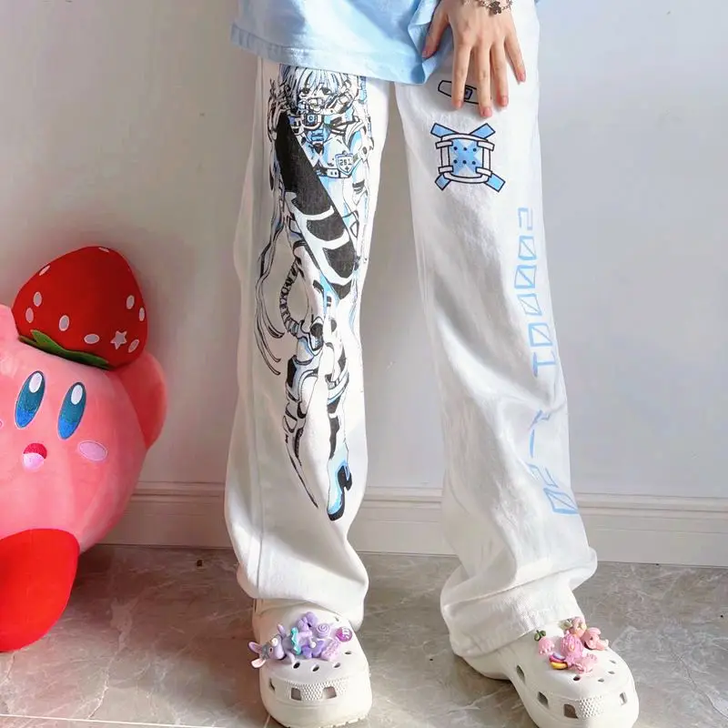 

QWEEK Harajuku Kawaii Oversize Anime Print Pants Women Korean Fashion Streetwear White Wide Leg Trousers For Female 2021 Autumn