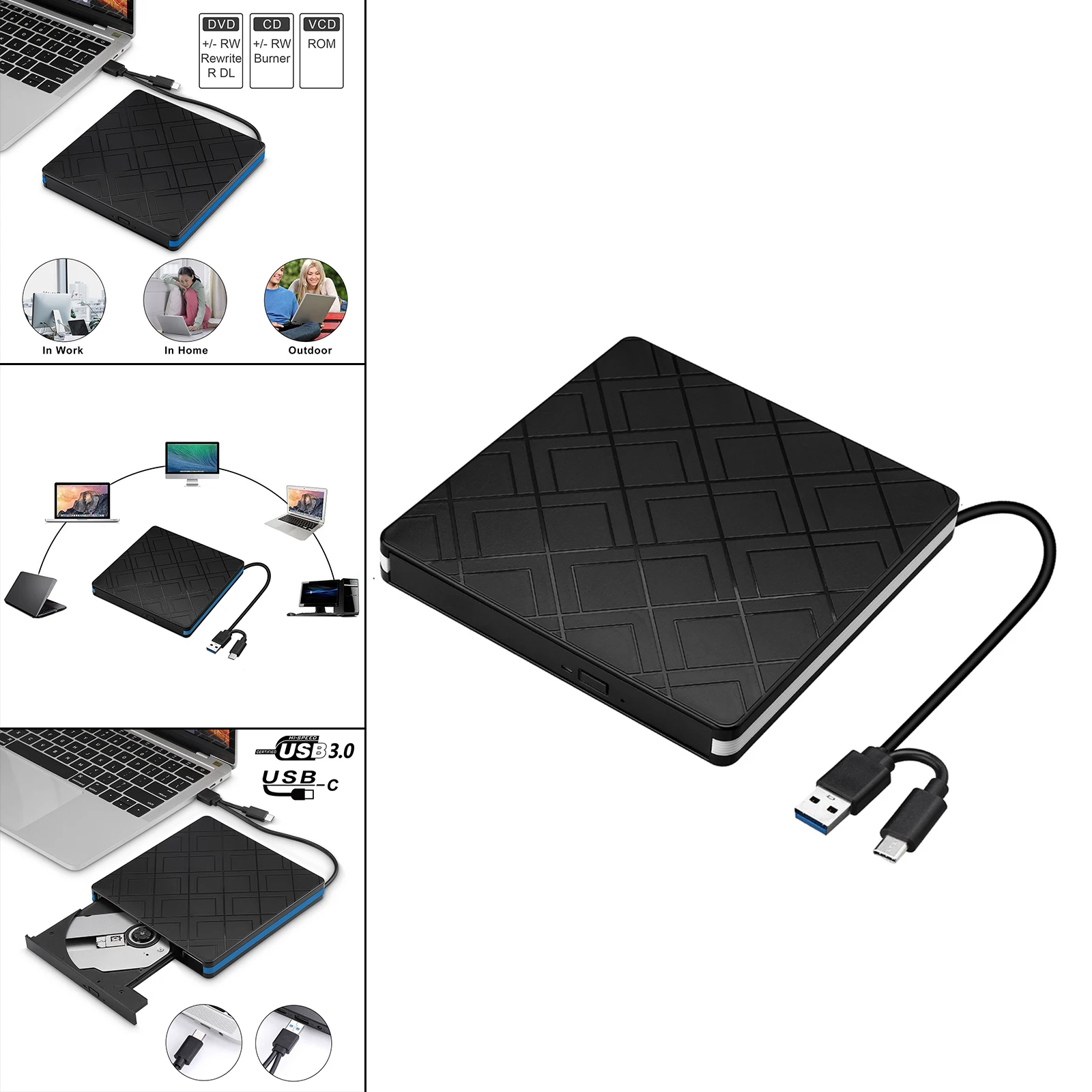 

USB 3.0 Type-C DVD Drive Optical Drive Recorder CD Burner Writer High-Speed DVD-RW for Laptops Windows /Linux OS Black