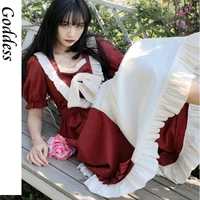 japanese lolita midi women dress summer 2021 ruffle retro pretty princess kawaii patchwork puff sleeve sweet girl cute dress