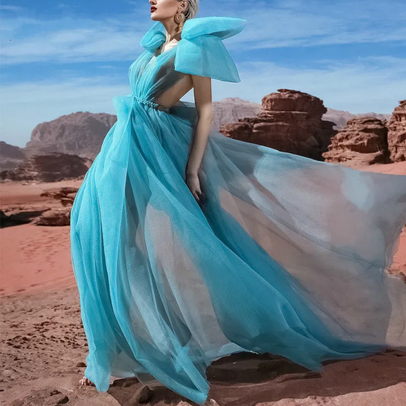 Женское длинное Сетчатое платье с открытой спиной из органзы открытыми плечами