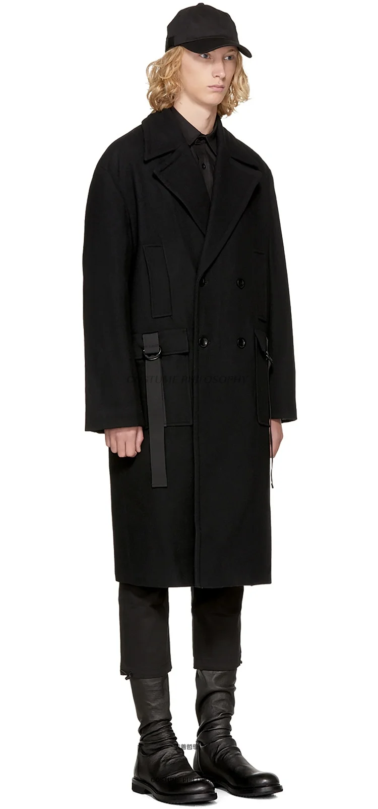 

male Windy Maoni coat loose mid-length double-breasted classic dark black