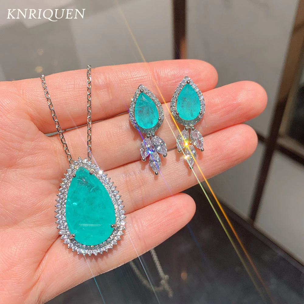 KNRIQUEN Lab Diamonds Paraiba Tourmaline Aquamarine Drop Earring Pendant Necklace Vintage Wedding Fine Jewelry Sets for Women