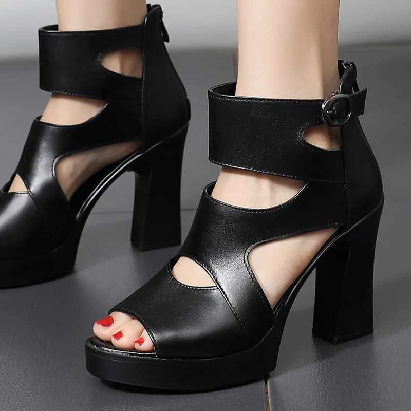 

Top Soft Cowhide Fish Mouth Ultra High Heel Sandals Summer Women's Sandals 2020 New Hollow Leather Sandals Black Roman Sandals