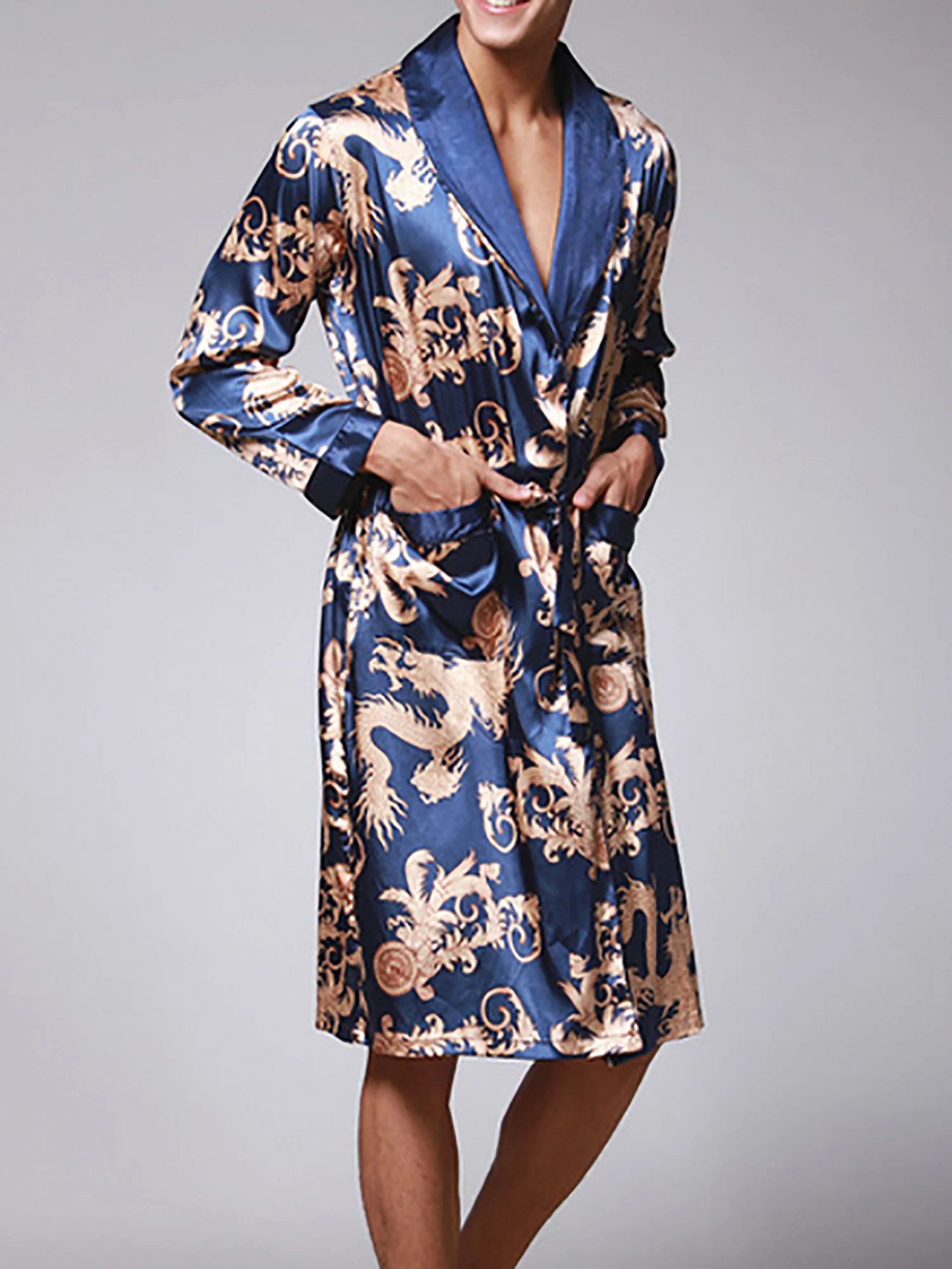 Men's Silk Satin Robe Pajamas Long Sleeve Pattern Dragon PJ Kimono Bathrobe