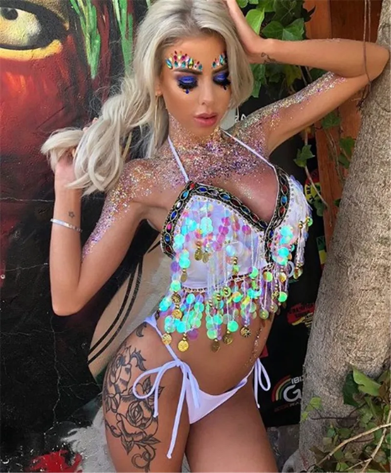 

Новинка, Модный женский мини-жилет hirigin с открытой спиной, цветной ремешок с кисточками и блестками для танцев, представлений вечерние празд...