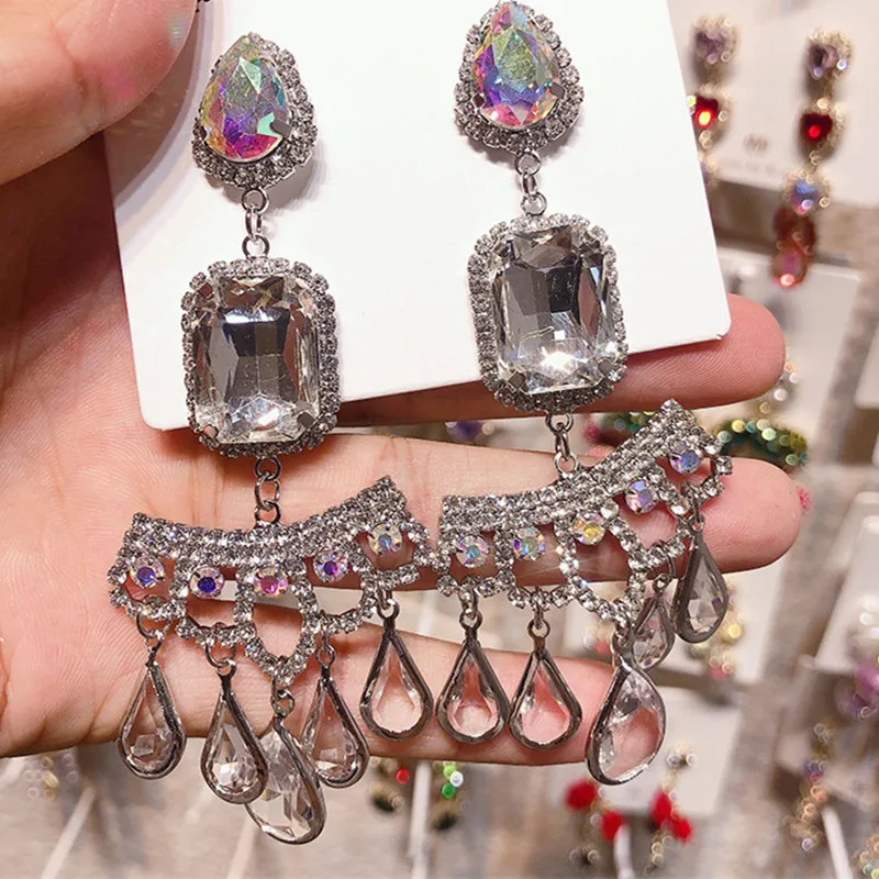 

South Korea's Shiny Crown Cut Earrings White Crystal Ear Pendant Exaggerated Earring Silver Needle Jewelry New Arrival