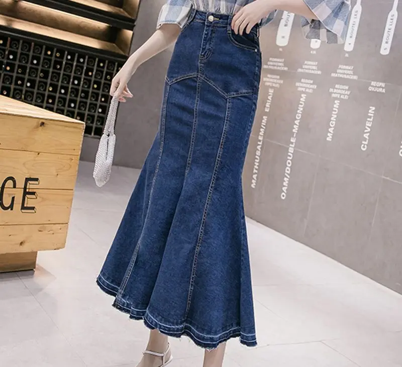 

Denim Skirt Women Mermaid Trumpet Long Skirt Ruffles Mid-calf Empire High Waist Jeans With Stretchy юбка B02910B