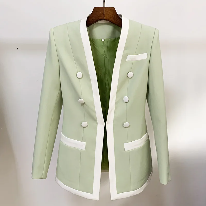 

Autumn Fashion PinkGreen Double-breasted Slim Blazer Women 2021 Elegant V-neck Long Sleeve Blazer Feminino Streetwear