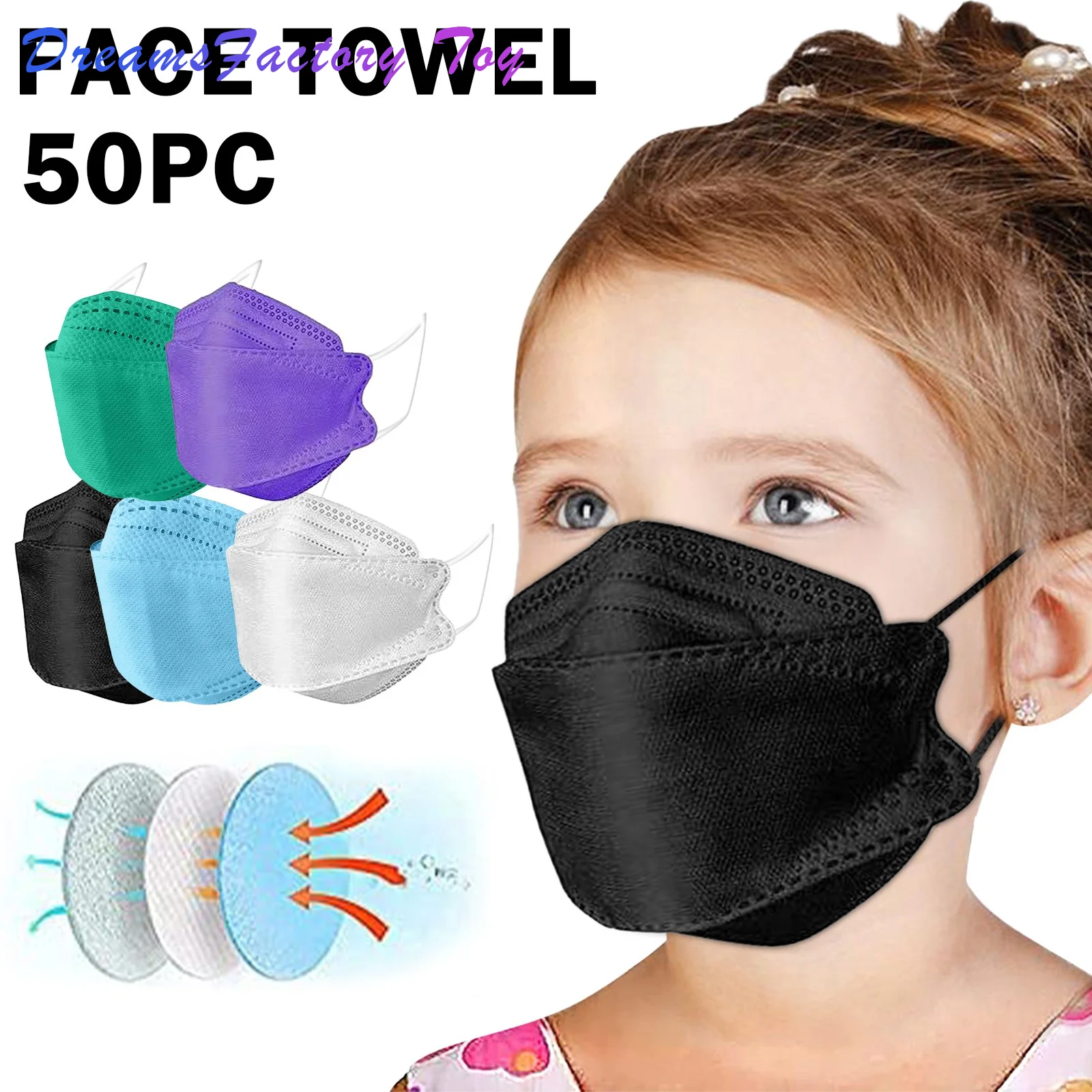 

50pcs Children 3d Face Disposable Masks 10 Pcs/pack Ear Loop 4-layer Non-woven Meltblown Fabric Filter Fishing Mask Cosplay