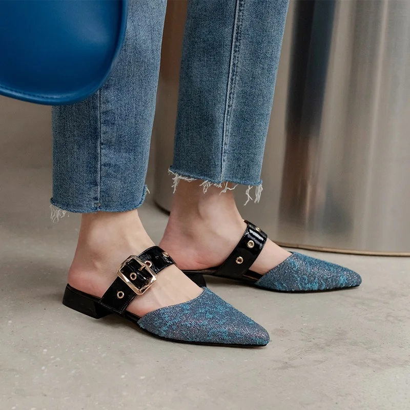 

brand shoes women mules leather loafers pointed toe low heels summer shoes sandals buckle sexy slippers 2021 New shoes woman