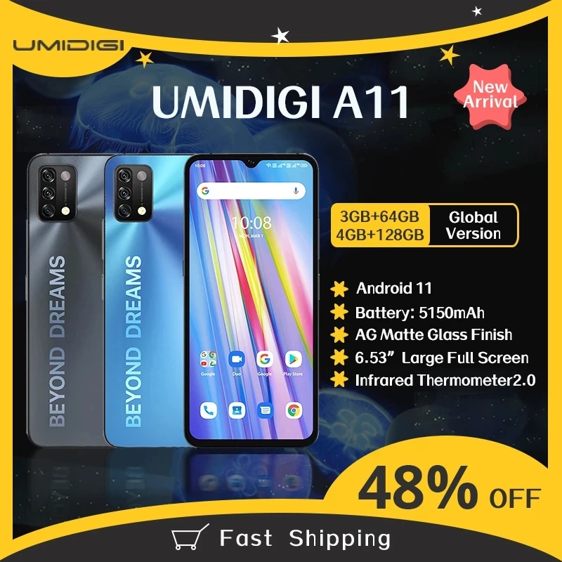 Оригинальный UMIDIGI A11 смартфон 3 ГБ + 64 4 128 Android 11 глобальная версия Helio G25 6 53 &quot16 МП AI