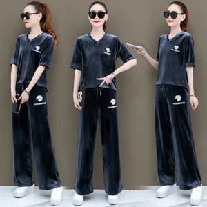 Женский вельветовый костюм, топ с принтом в виде Маргариток и брюки с широкими штанинами, лето 2020, размера плюс