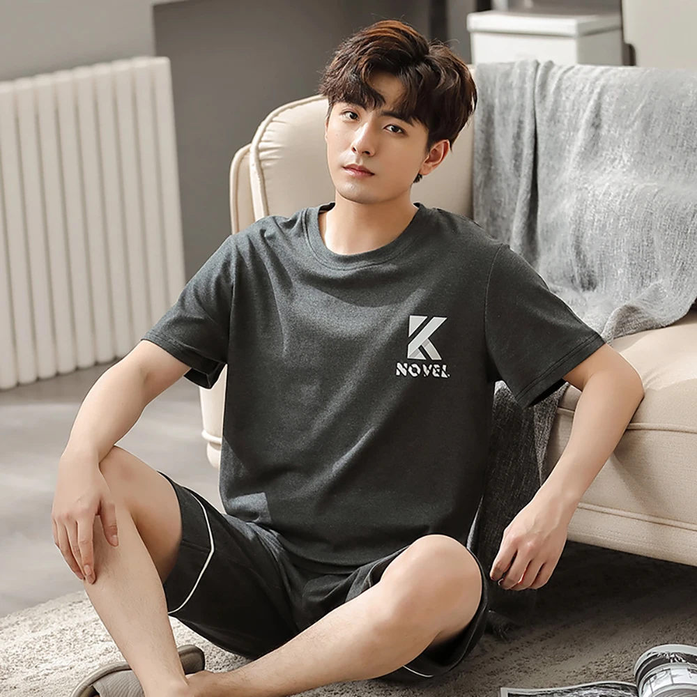 

100% Cotton Men Summer Pajama Solid Fashion Letter Print Pijama Plus Size Loose Pajamas Thin Breathable Men's Sets Pajama Sets
