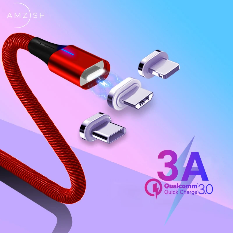 Магнитный кабель Micro USB amzish 3A для iPhone Samsung Type C передачи данных быстрое зарядное