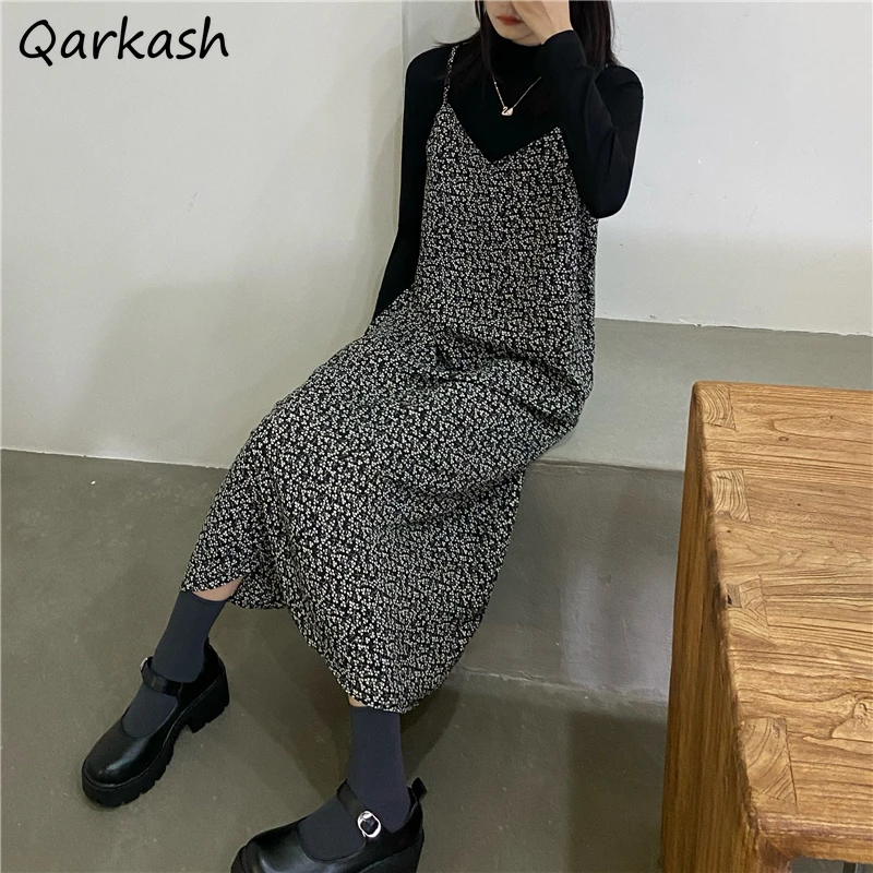 

Женское прямое платье без рукавов, шифоновое винтажное платье до середины икры в Корейском стиле на бретелях-спагетти с принтом, простая пр...