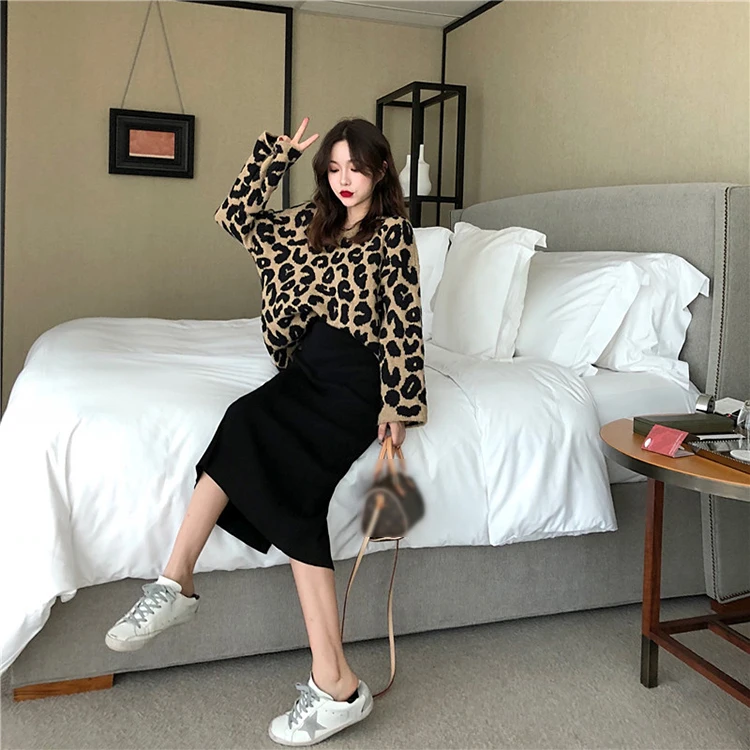 Свитера с длинными рукавами Модный женский леопардовый пуловер круглым вырезом