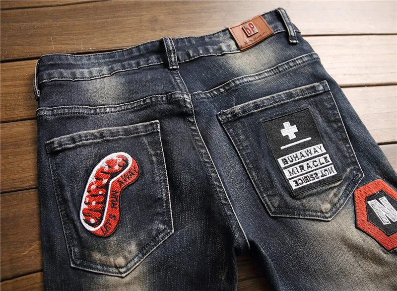 Autumn Embroidered Slim Feet Pants Fashion Hip-hop Rock Tide Casual Trousers 73%cotton Erkek Kot Pantolon Men's Male Denim Jeans | Мужская