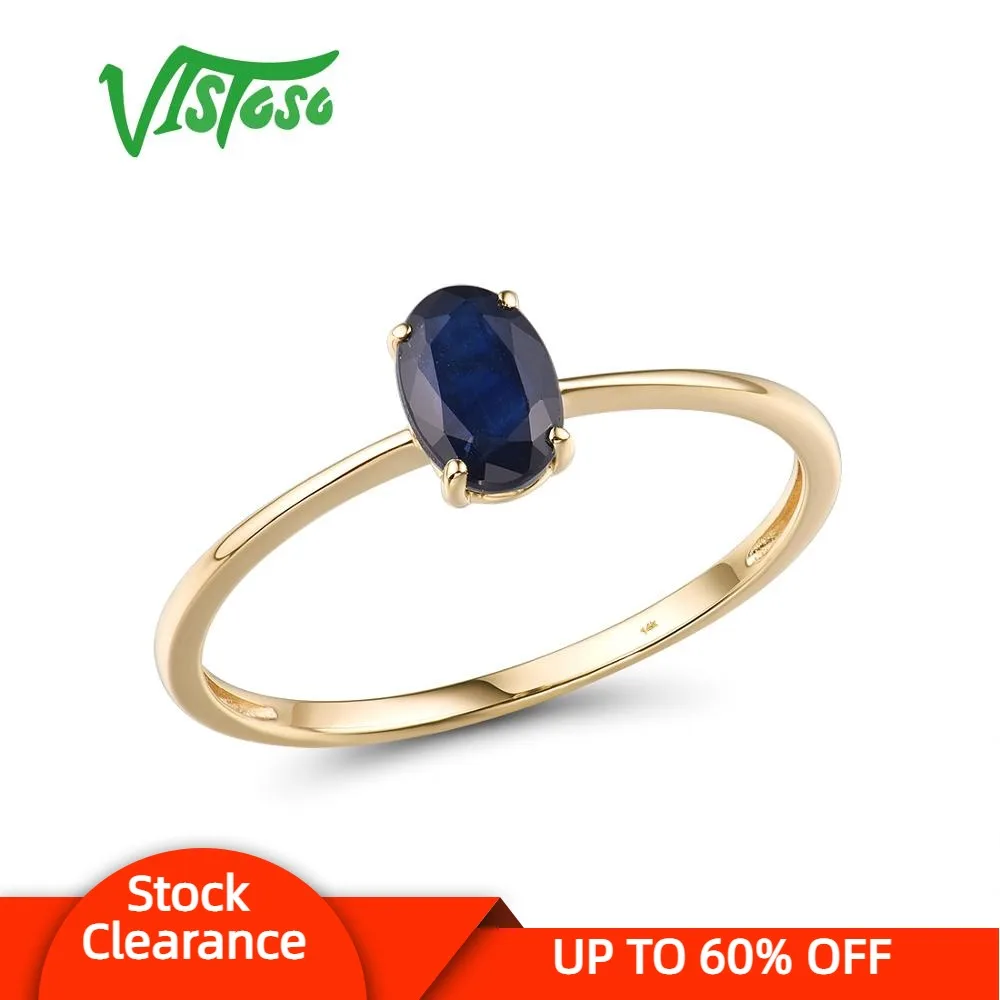 VISTOSO Genuine 14K 585 Yellow Gold Rings For Women Sparkling 6X4mm Blue Sapphire Simple Style Engagement Wedding Fine Jewelry