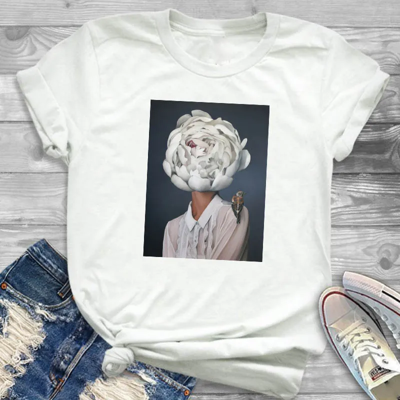 

Women Lady T Shirt Art Painting Flower Printed Tshirt Ladies Short Sleeve Tee Shirt Women Female Tops Clothes Graphic T-shirt