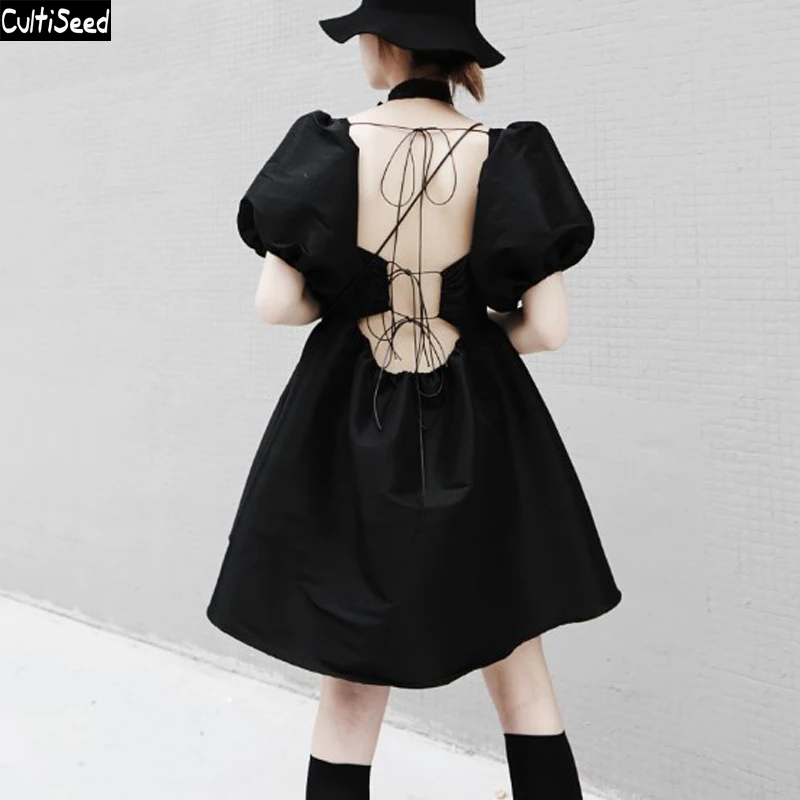 

Cultiseed Women Sexy Backless Cross Lacing Up Bandage Party Dress Female Square Collar Puff Sleeve High Waist Ball Gown Dresses