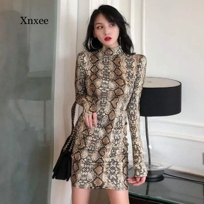 

Snake Skin Print Turtleneck Long Sleeve Mini Dress Spring Autumn Women Sexy Bodycon Snakeskin High Neck Party Short Dresses